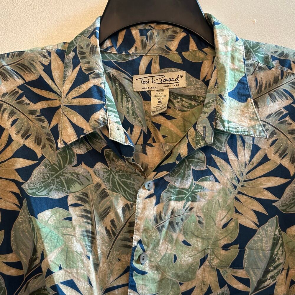 Mens Tori Richard Hawaiian Shirt XL Blue Green Leaves 100% cotton